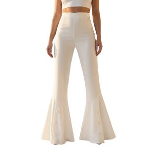 A364  CQ by CQ White Modern Elegance Palazzo Pants Pearl Detail High Waist NWT M